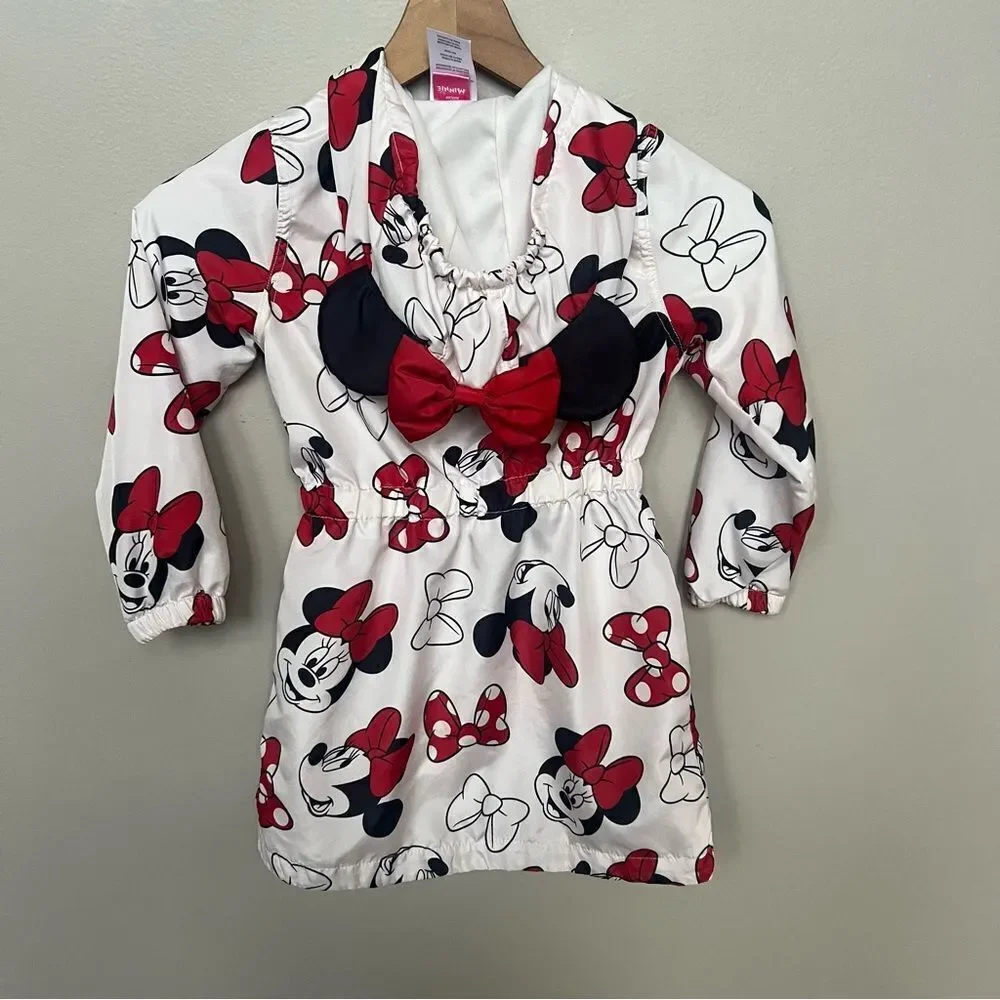 Disney Minnie Mouse Red and White Jacket Windbreaker White Red Black Hood Bow
